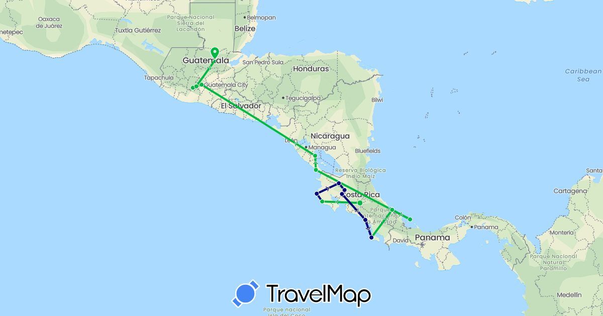 TravelMap itinerary: driving, bus in Costa Rica, Guatemala, Nicaragua, Panama (North America)